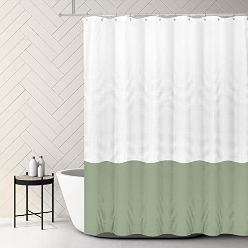 Tititex White Sage Green 2 Color Splicing Shower Curtain, Texture Fabric Bathroom Decorative Waterproof Shower Curtian Sets 60X71 Inch With 12 Hooks #TOP3