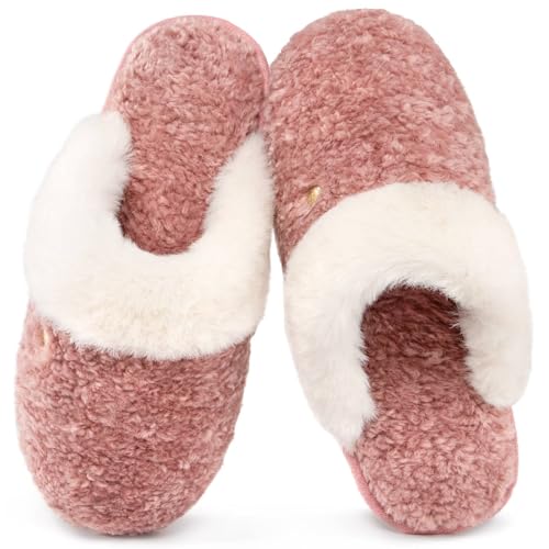 HomeTop Women's Faux Alpaca Slippers Warm Soft Comfy Bedroom Indoor House Shoes with Fuzzy Collar Pink, 9-10 US