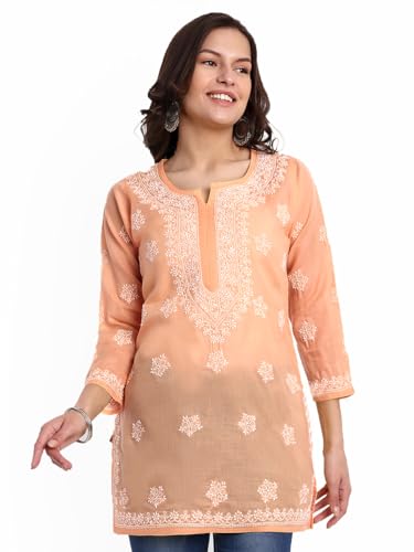 Image of Ada Hand Embroidered Lucknow Chikankari Straight Round Neck Cotton Blend Short Kurti Tunic Top for Women A911333
