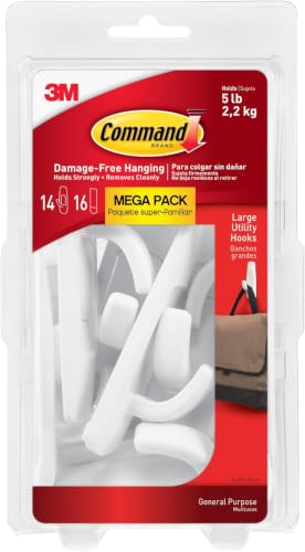 Image of Command 5 lb Large Utility Hooks, 14 Hooks and 16 Strips, Damage-Free Hanging Wall Hook with Adhesive Strips, No Tools Required, Great for Home Kitchen Office Organization (Pack of 12)