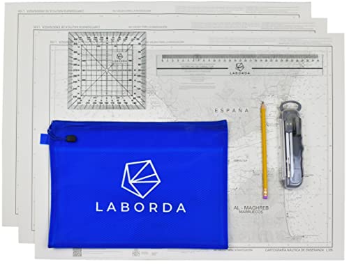 Laborda Kit Examen Per - Transportador de Ángulos Náutico, 3 Cartas Náuticas, Compás, Regla, Lápiz 2HB, Estuche
