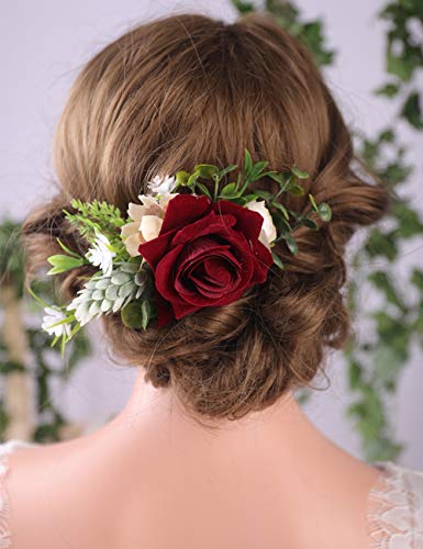 Anglacesmade Bridal Flower Hair Comb Burgundy Dark Red Rose Cream Daisy Eucalyptus Greenery Headpiece For Rustic Wedding Photo Shoot Prom Party Festival #TOP1