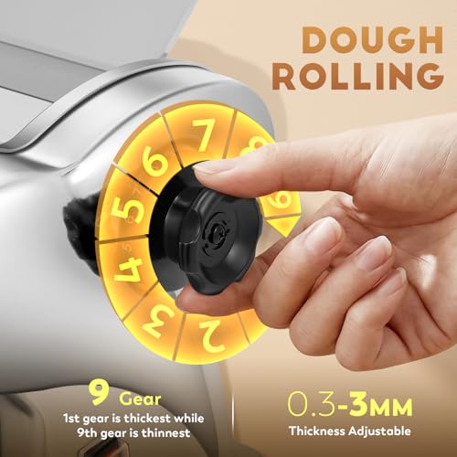 CGOLDENWALL Electric Pasta Machine Fresh Stainless Steel Pasta Maker with 2 Blades of 1.5mm Round, 4mm Flat, 9 Adjustable Thickness Settings for Noodles/Dumpling/Spaghetti/Ravioli