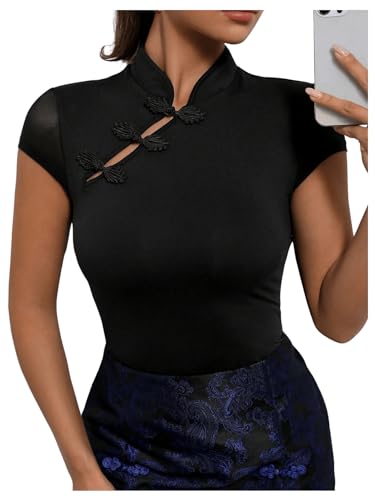 SweatyRocks Women's Short Sleeve Stand Collar Slim Fit Tee Shirt Cheongsam Tops