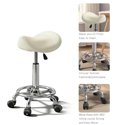 Image of Saddle Stool with Ring Pedal, Adjustable Hydraulic Rolling Chair with Wheels for Medical, Massage, Salon, Spa, Kitchen, and Drafting Use