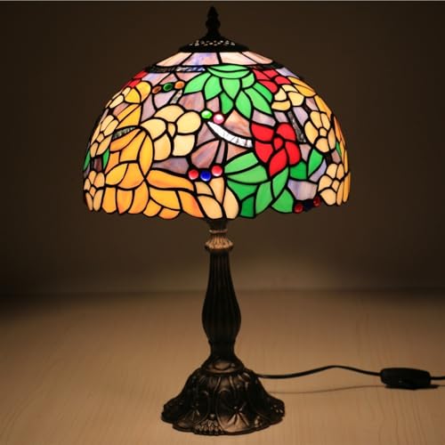 Lampada in stile Tiffany Lampada da comodino Lampada da tavolo in vetro colorato di collegamento verde Lampada da lettura Soggiorno Camera da letto Banchiere vintage Tradizionale Boho vittoriano Memor