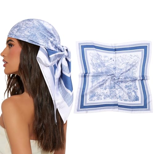 AWAYTR 27.5 Square Satin Head Scarf Hair Scarf for Womens Hair Silk Bandana for Women Silk Head Wrap for Sleeping (Landscape painting (Blue))