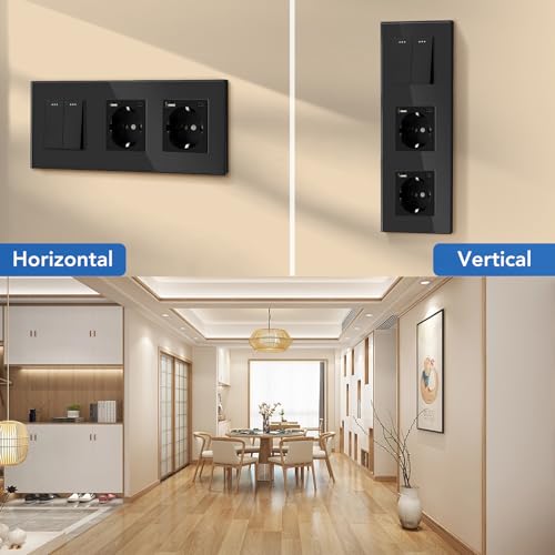 BSEED Lichtschalter mit Steckdose 2 Fach 2 Wege,Wandschalter mit 16A Schuko Steckdose mit Doppel USB Anschluss (Max. 2.1A) Typ C Port Schwarz,Physische Unterputz Wechselschalter mit Steckdose- 228mm
