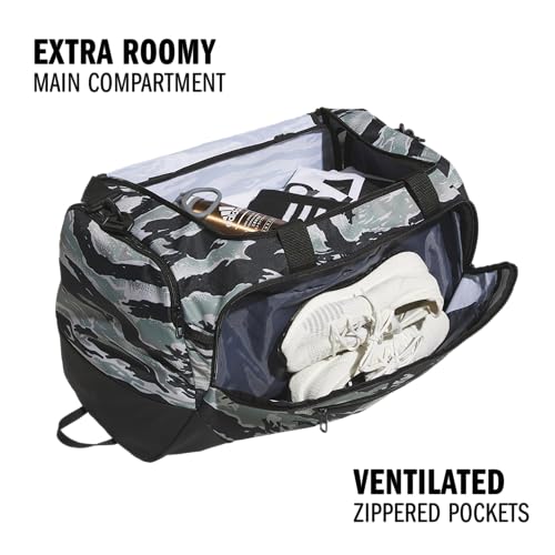 Image of adidas Defender 5 Duffel Bag for Sports, Gym and Travel, Essential Camo Silver Green-Black /Black, OSFA