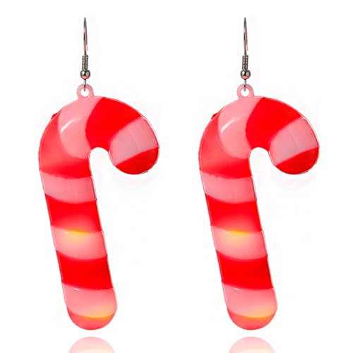 Aksod Christmas Light Up Earrings Green Chirstmas Tree Earrings Dangle Santa Snowman Bulb Led Earring Cute Deer Snowflakes Christmas Earring Jewelry for Women (Red Crutch-B)