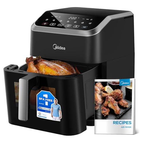 Midea Air Fryer with Window 7L, Rapid Air Technology, 90% Less Oil & Max Crisp, Energy Saving, 7-In-1 Presets, Non-Stick, Dishwasher Safe, Flexible Heating +1 Minute Button,1600W, Black/Silv