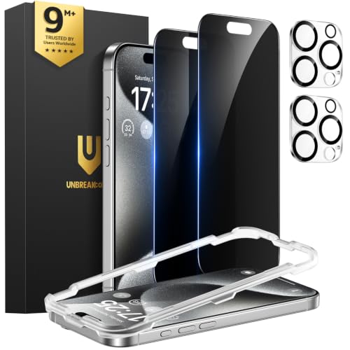 UNBREAKcable iPhone 15 Pro Privacy Screen Protector 2-Pack Upgraded Dual-Tempered Glass + 2 Camera Lens Protectors 25 Anti-Spy Military-Grade 9H+ HD Clear Anti-Fingerprint 6.1 Inch