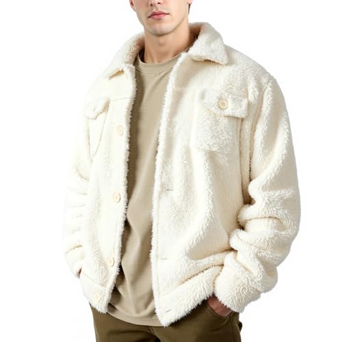 Image of GINGTTO Mens Furry Button-Up Jacket 4 Pockets Fluffy Coat For Men
