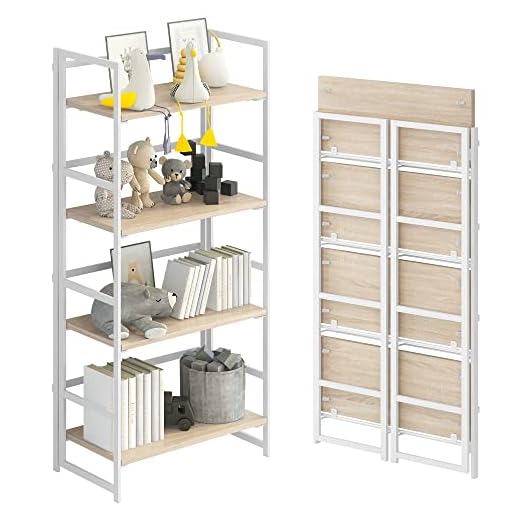 GHQME No-Assembly Folding Bookshelf Storage Shelves 4 Tiers Vintage Multifunctional Plant Flower Stand Storage Rack Shelves Bookcase for Home Office (White)