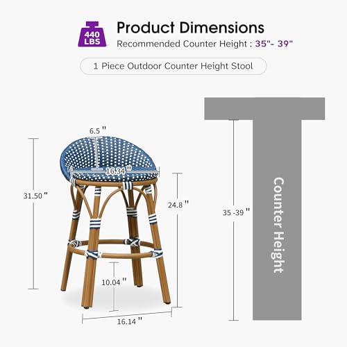 Image of PURPLE LEAF Patio Oversized Backrest Counter Height Stool Set of 1 Outdoor Round Barstools Aluminum Frame in Bamboo Finish Woven Rattan for Indoor Kitchen Dining Bistros Cafe Restaurant Navy Blue