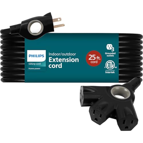 Philips EZGrip Outdoor Extension Cord with Multiple Outlets, Grounded 3 Prong Cord, Long Extension Cord Indoor with Multiple Outlets, Heavy Duty Extension Cord, 25 Ft, 16 AWG, Black, SPC3253ZB/37-T1