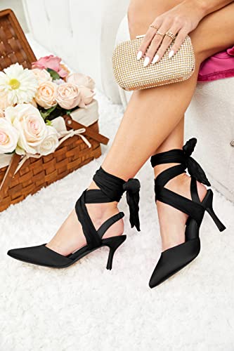 Womens Lace Up Heels Bow Satin Pumps Closed Toe Sandals Bride High Stiletto Heel D'orsay Cute Dress Shoes Black #TOP1