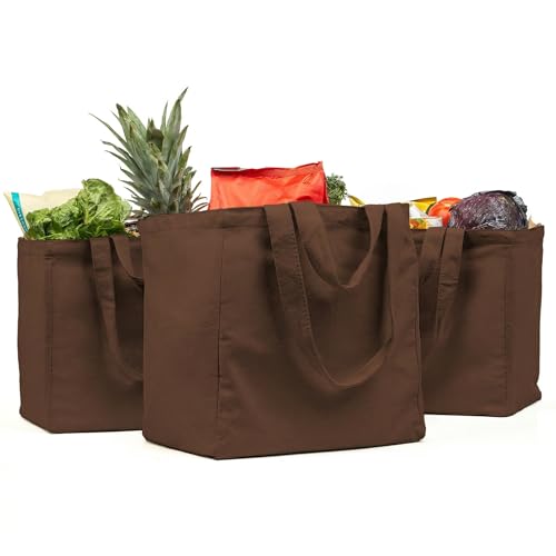 VeraMia Canvas Grocery Bag 3pc Jumbo Set with Real Pockets, Long Shoulder Strap and Short Handle. Reusable Shopping Bags for Groceries Heavy Duty, Foldable, Washable, Grocery Tote Bag (Dark Brown)