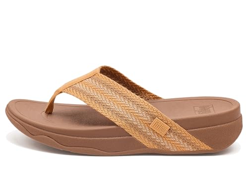 Image of FitFlop, Womens, Surfa Stripe-Webbing Toe-Post Sandals, Turmeric /Classic Tan Mix, 8.5, Medium