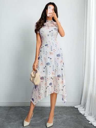 Image of GothDark Women Summer Wedding Guest Floral Mesh Irregular Hem Midi Dress | A-Line, Short Sleeve, Sheer Mesh Overlay, Elegant Vintage Dresses For Party, Semi Formal, Vacation, Dinner, Church