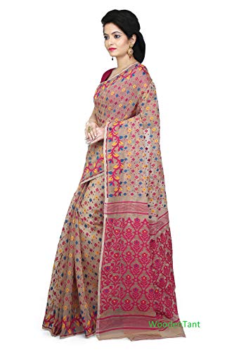 Image of WoodenTant Women's Dhakai Jamdani Soft Cotton Silk Saree With Thread Work.