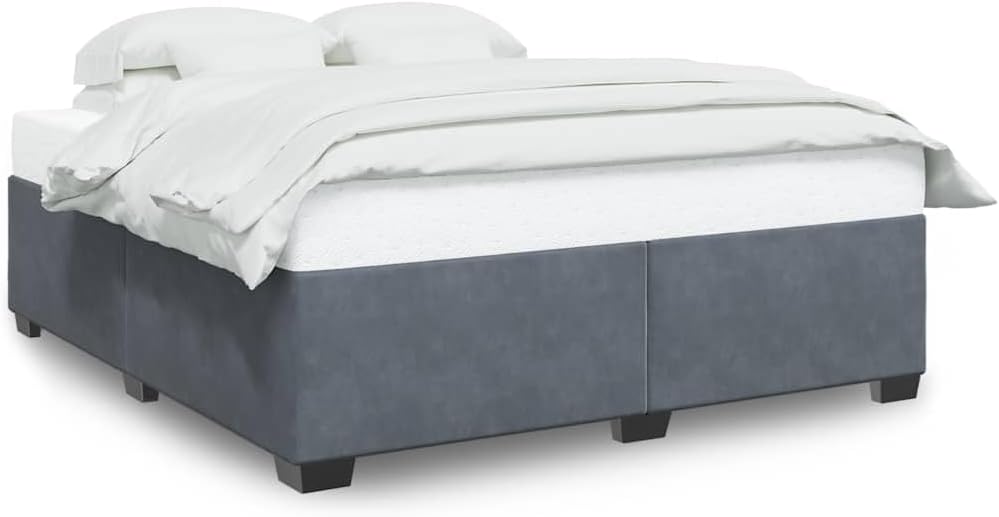 King Size Bed Frame Dark Gray Velvet Platform with Durable Pine Frame, Modern Minimalist Bedroom Furniture, Sturdy Slatted Foundation, Easy Assembly, Mattress Support, No Box Spring Needed