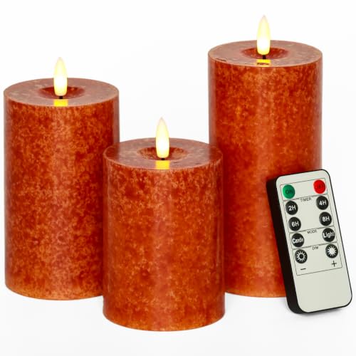 Image of Stmarry Mottled Orange Fall Flameless Candles with Remote and Timer, Real Wax Made LED Pillar Candles Battery Operated with 3D Flickering Flame - 3 inch x 4 inch,5 inch,6 inch - Set of 3 Fall Candles