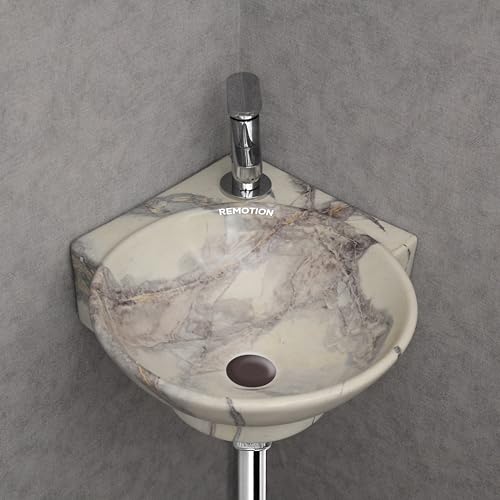 Image of REMOTION Wall Mounted Wash Basin for Bathroom | Wall Hung Corner Sink | Ceramic Round Wall Hung Wash Basin | Wall Hung Small Corner Basin (16.3 x 13.8 x 4.3 Inch) (Designer Beige Grey)