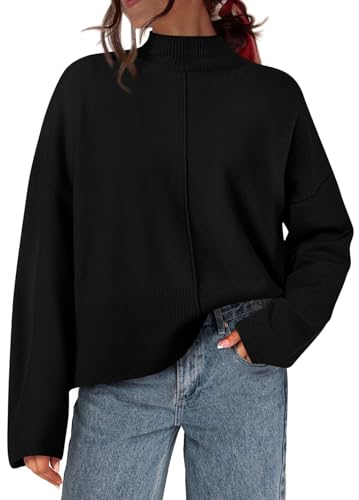 PRETTYGARDEN Womens Sweaters Fall 2024 Long Sleeve Ribbed Knit Pullover Loose Mock Neck Lightweight Casual Sweater Tops (Black, Small)