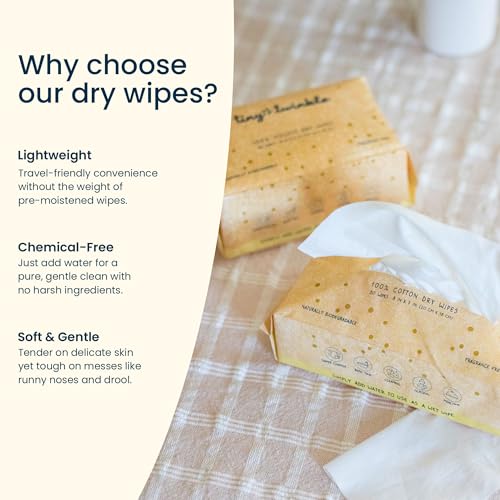 Image of Tiny Twinkle 100% Cotton Dry Wipes for Baby | 960 Count | Use Wet or Dry | Scent Free (Fragrance-Free), Hypoallergenic & Chlorine-Free | Ultra Soft, Strong & Gentle for Sensitive Skin