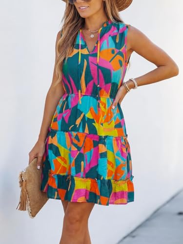Image of CUPSHE Womens Summer Dresses Tie Neck Sleeveless Tiered Ruffle A-Line Tunic Mini Dress