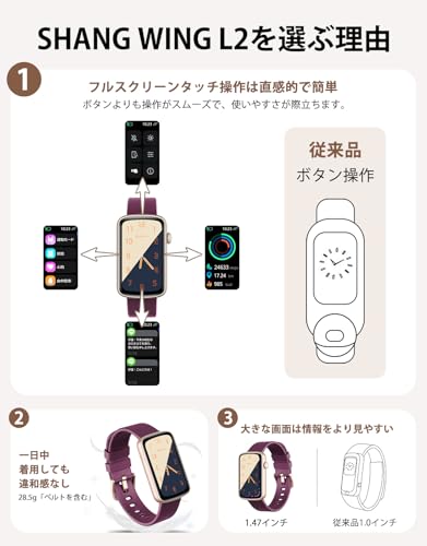 スマートウォッチ レディース iphone対応 アンドロイド対応 リストバンド型 腕時計 1.47インチ大画面 フルタッチ Smart Watch 着信通知 女子生理サイクル記録 多種類運動モード 天気予報 IP68防水 文字盤自由設定 誕生日 クリストマス 新年 ギフト 日本語説明書付き Lynn2 (パープル)