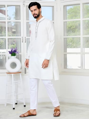 Image of See Designs Men's Full Sleeve Mandarin Collar Sequins Embroidered Chanderi Straight Long Kurta with Yoke Design - Festive Collection