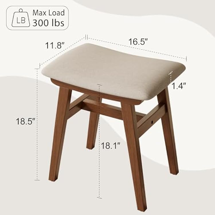 Muwuele Solid Wood Vanity Stool, Compact Makeup Chair with Saddle Cushion, Linen-Covered High Rebound Sponge Seat, Easy Assembly Footstool for Bedroom, Entryway, Home, Walnut