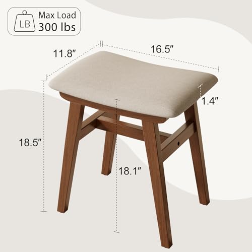 Muwuele Solid Wood Vanity Stool, Compact Makeup Chair with Saddle Cushion, Linen-Covered High Rebound Sponge Seat, Easy Assembly Footstool for Bedroom, Entryway, Home, Walnut