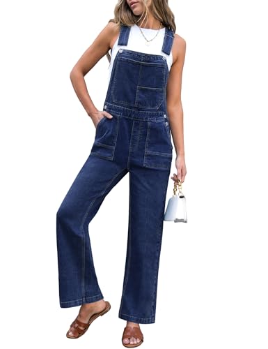luvamia Denim Comfy Overalls for Women Straight Wide Leg Baggy Stretchy Bib Adjustable Strap Casual Jumpsuit for Women Loose Fit Denim Dungarees Overalls Darkness Blue Size X-Large US Size 16-18