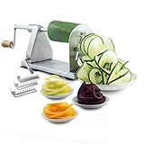 POP Design Stainless Steel Vegetable Spiralizer, Commercial Grade Spiralizer and Potato Cutter for Curly Fries, Noodle Maker and Zoodler, 3 Blade Size Cutters, Wooden Handle, No-Slip Suction Base