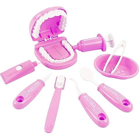 YOUYA DENTAL Dental Early Education Brushing Toys, 9Pcs/Set Children Role Play Toys Crocodile Early Education Cartoon Tooth Brushing Model Preschool Education Toy Dentist Game for Kids Classroom Pink Cover