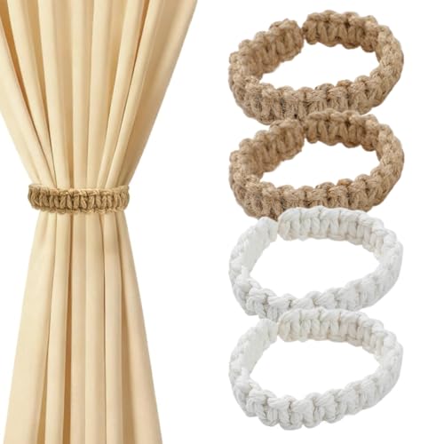 YIPFEN 4 Piezas Sujetadores de Cortinas Boho, Soportes para Cortinas Tejidos a Mano, Sujetadores para Cortinas y Visillos, Ideales para Dormitorio, Salón y Oficina (Marrón, Blanco)