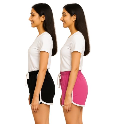 Image of Hangout Hub Women's Cotton Shorts | Boxer Half Pant with Sporty Stripe | Elastic Waist | Hypoallergenic Breathable Fabric | Sweat Absorbent Material | Gym Exercise Yoga Lounge Run Wear (Multi Color)