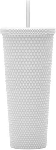 Miniatura 7 de Essasea Vaso con tachuelas de 24 onzas. Vaso negro mate con tapa y pajita. Vaso de viaje reutilizable de doble pared aislado. Vaso de plástico