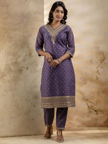 Image of VredeVogel Women's Chanderi Silk Embroidered Kurta with Pant & Organza Dupatta Set | Casual Outfit Ethnic Kurta Set for Women | Modern & Traditional Blend Ethnic Wear
