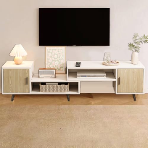 Recopilación de Centro de Entretenimiento Flotante Top 10. 49 GM Bear Mueble TV Flotante para Televisores de hasta 75 Pulgadas, Mesa de Television Blanco con Armario, Centro de Entretenimiento con Estantes Abiertos, Ancho Ajustável 140-190cm