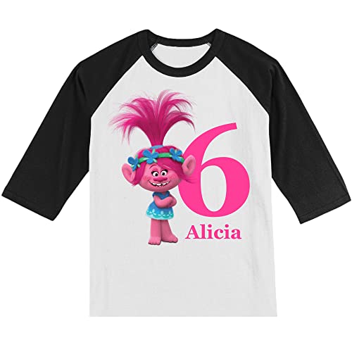Personalized Troll Birthday Shirt for Girls | Handmade Decorated Shirt | Personalized with Name and Age | Unisex 3/4 Sleeve Raglan T-Shirt | #1148