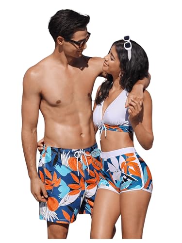 MakeMeChic Men's Tropical Print Swim Trunk Summer Casual Drawstring Beach Board Shorts