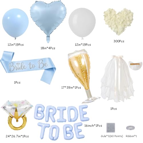 DBKL Bride Balloon Decoration Set, Pastel Blue White Balloons, BRIDE TO BE Balloon Veil Sash, Heart Glass Ring Foil Balloons Petals for Bachelorette Party Decorations Engagement Wedding by DBKL - Used condition - Image 3