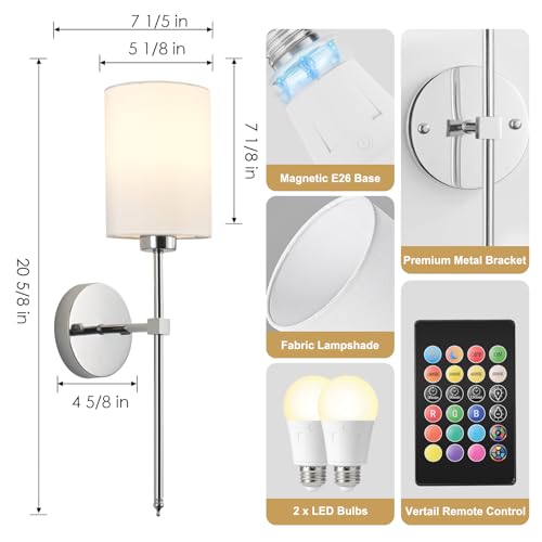 Image of Battery Operated Wall Sconces Set of Two,Wireless Rechargeable Wall Light With Remote Control, Dimmable, Amber Light /Warm White /Natural White /Daylight /RGB,Timer,for Living Room,Bedroom,Entryway,Chrome