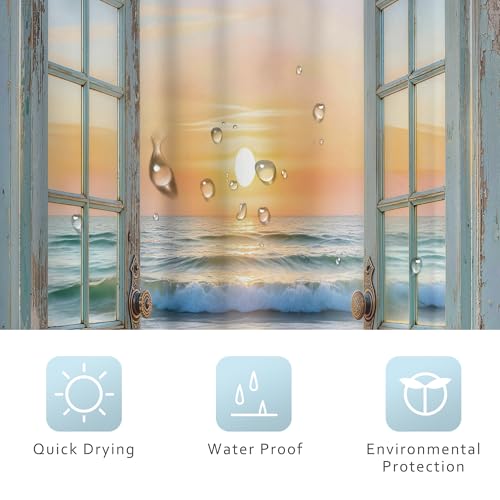 Image of Riyidecor Small Stall Beach Ocean Shower Curtain 36Wx72H Inch Blue Rustic Seaside Barn Door Sea Scenery Sunset Sandbeach Wood Hawaii Landscape Bathroom Decor Fabric Polyester Waterproof 7 Pack Hooks