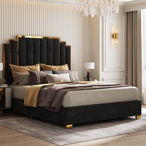 Image of AMERLIFE California King Size Upholstered Bed, Modern Velvet Bed Frame with 65.4 inch Tall Gold Trim Headboard, No Box Spring Needed, Black