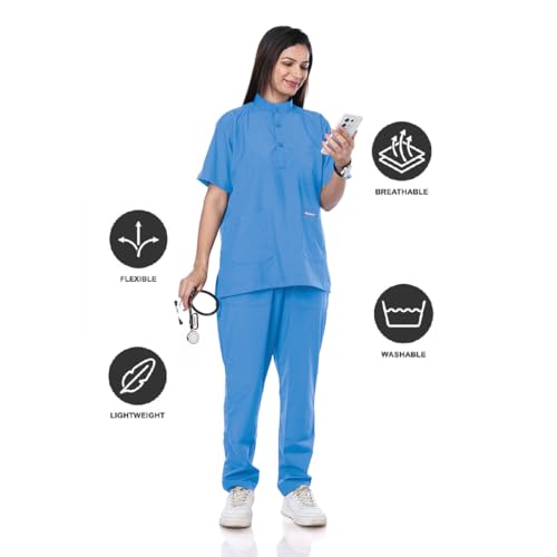 Image of Women's 5-Pocket Scrub Suit | Set of Top & Pant | Half Sleeves | Mandarin Collar | Breathable Polyviscose Fabric | Comfortable | Durable | Uniform for Doctors Nurse & Dentist SB 4XL